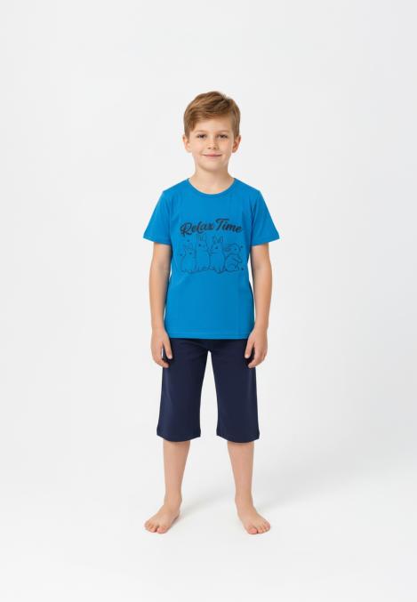 Pijama copii cu maneca scurta si pantaloni 3/4,culoare albastru,Engros